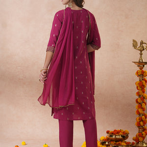 Solid Ethnic Embroidered Straight Fit Kurta with Pant & Dupatta - Mauve