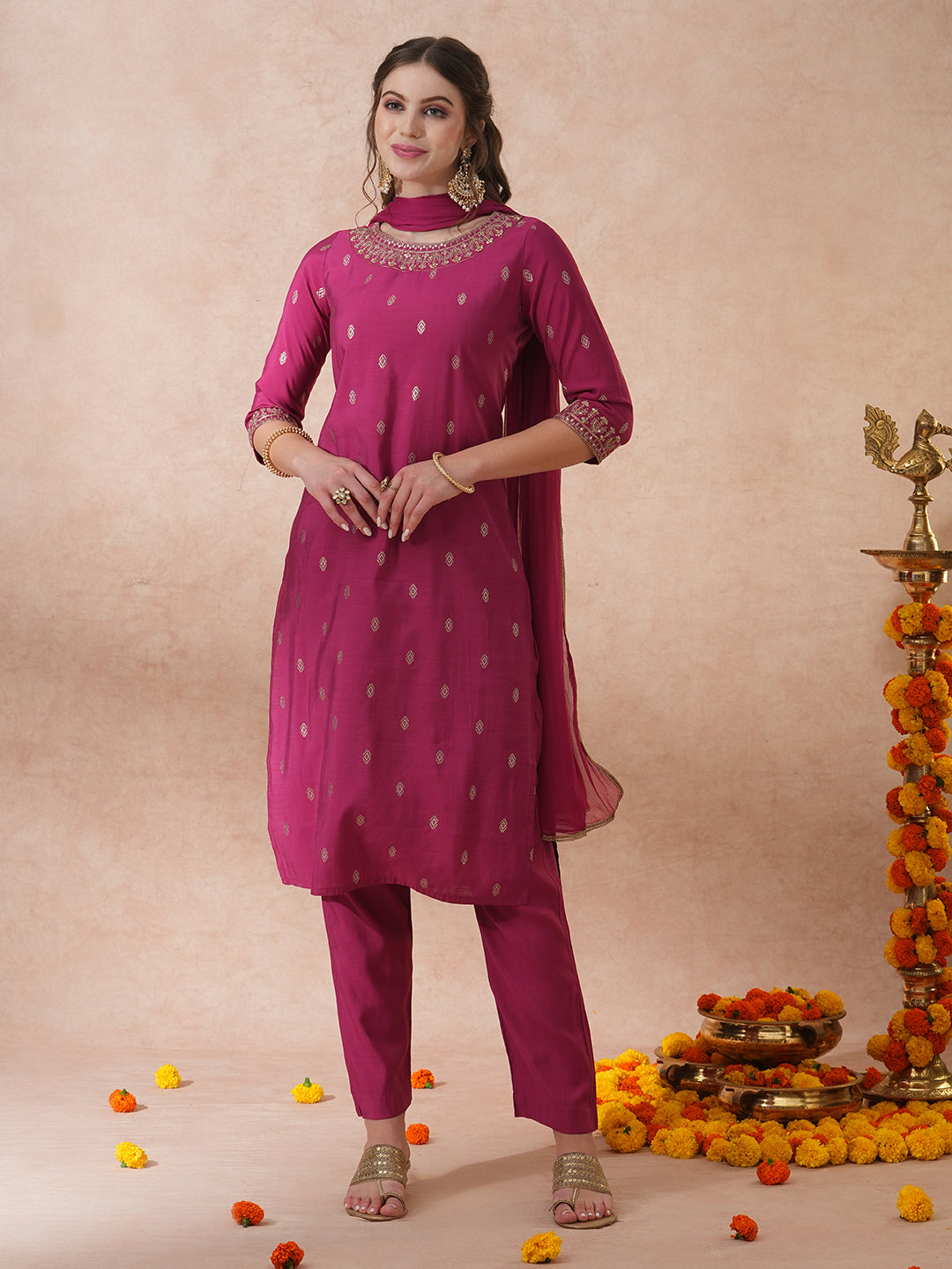 Solid Ethnic Embroidered Straight Fit Kurta with Pant & Dupatta - Mauve