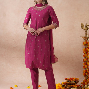 Solid Ethnic Embroidered Straight Fit Kurta with Pant & Dupatta - Mauve