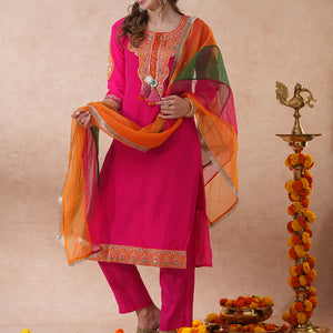 Solid Ethnic Embroidered Straight Kurta with Pant & Coloblocked Dupatta - Pink