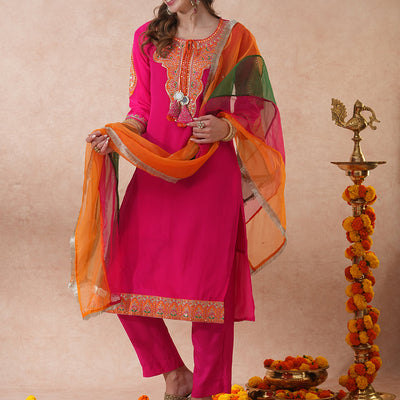 Solid Ethnic Embroidered Straight Kurta with Pant & Coloblocked Dupatta - Pink