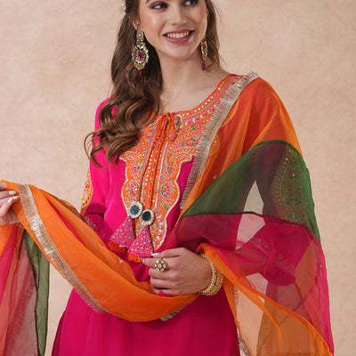 Solid Ethnic Embroidered Straight Kurta with Pant & Coloblocked Dupatta - Pink