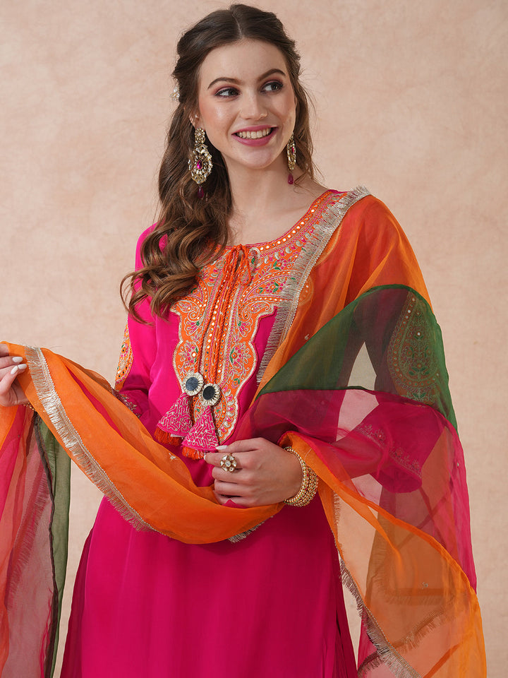 Solid Ethnic Embroidered Straight Kurta with Pant & Coloblocked Dupatta - Pink