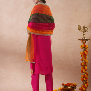 Solid Ethnic Embroidered Straight Kurta with Pant & Coloblocked Dupatta - Pink