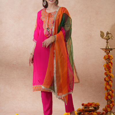 Solid Ethnic Embroidered Straight Kurta with Pant & Coloblocked Dupatta - Pink