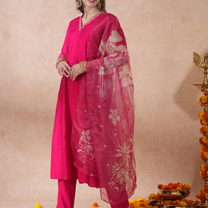 Solid Floral Zari Embroidered Anarkali Kurta with Pant & Tissue Dupatta - Pink