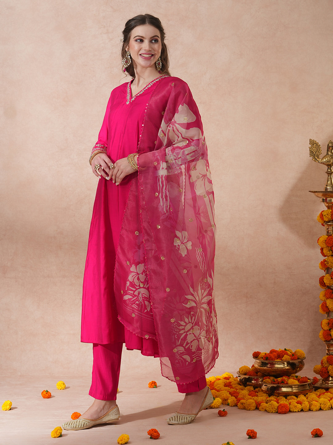 Solid Floral Zari Embroidered Anarkali Kurta with Pant & Tissue Dupatta - Pink