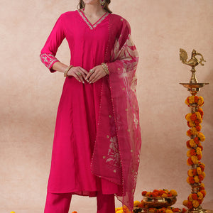 Solid Floral Zari Embroidered Anarkali Kurta with Pant & Tissue Dupatta - Pink