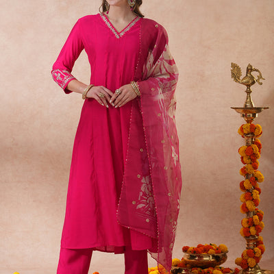 Solid Floral Zari Embroidered Anarkali Kurta with Pant & Tissue Dupatta - Pink