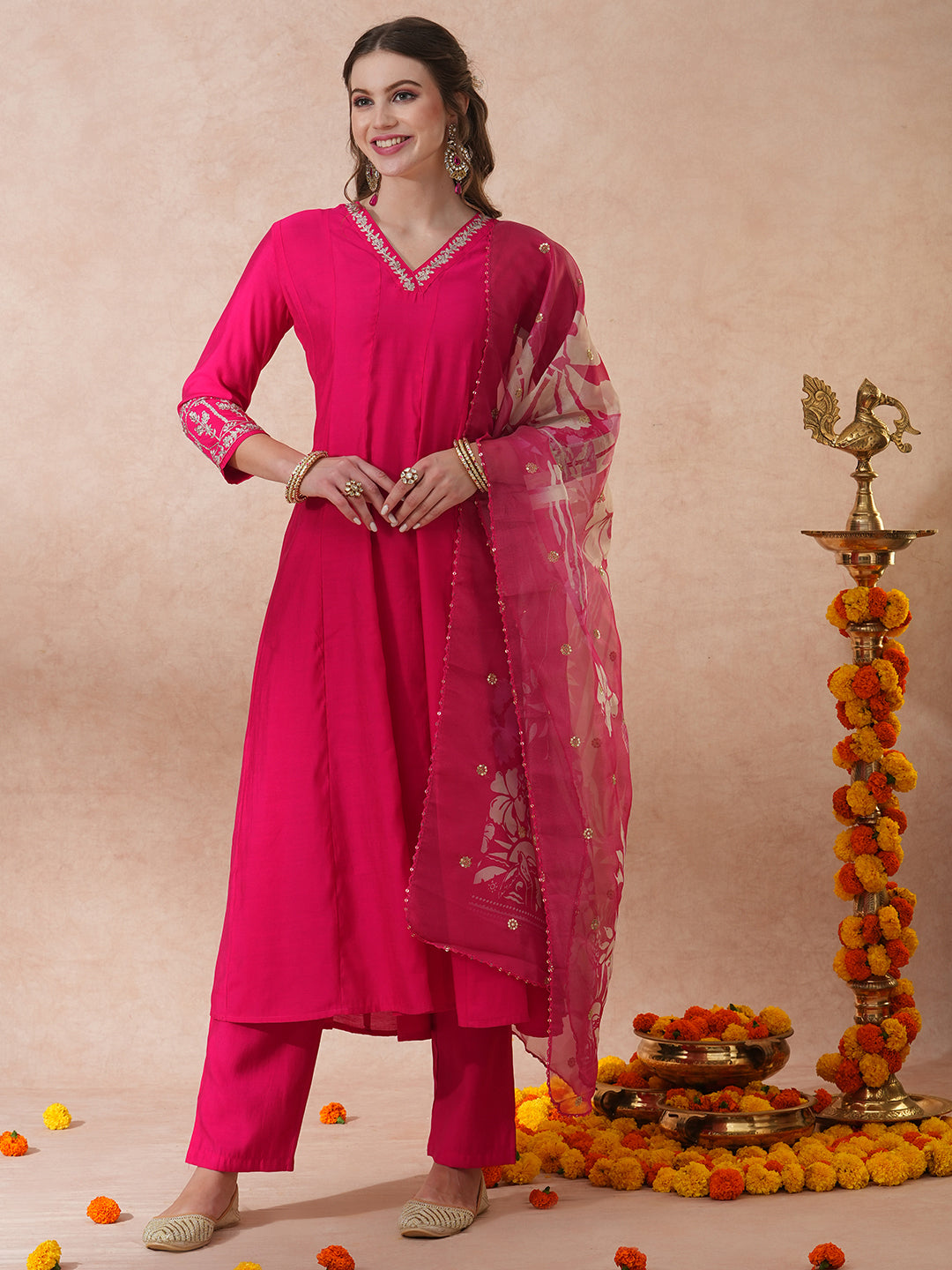 Solid Floral Zari Embroidered Anarkali Kurta with Pant & Tissue Dupatta - Pink