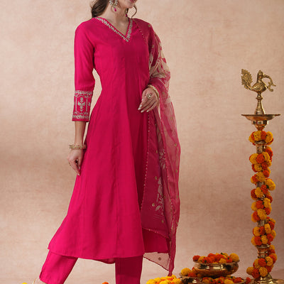 Solid Floral Zari Embroidered Anarkali Kurta with Pant & Tissue Dupatta - Pink