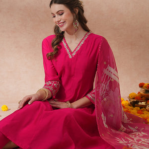 Solid Floral Zari Embroidered Anarkali Kurta with Pant & Tissue Dupatta - Pink