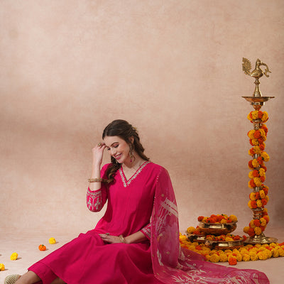 Solid Floral Zari Embroidered Anarkali Kurta with Pant & Tissue Dupatta - Pink