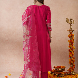 Solid Floral Zari Embroidered Anarkali Kurta with Pant & Tissue Dupatta - Pink