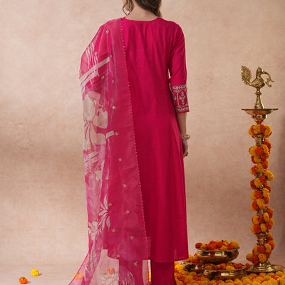 Solid Floral Zari Embroidered Anarkali Kurta with Pant & Tissue Dupatta - Pink