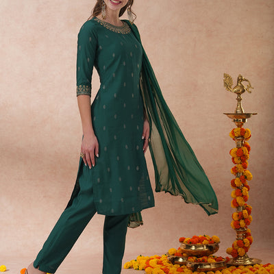 Solid Ethnic Embroidered Straight Fit Kurta with Pant & Dupatta - Green