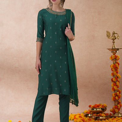 Solid Ethnic Embroidered Straight Fit Kurta with Pant & Dupatta - Green