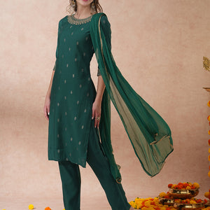 Solid Ethnic Embroidered Straight Fit Kurta with Pant & Dupatta - Green