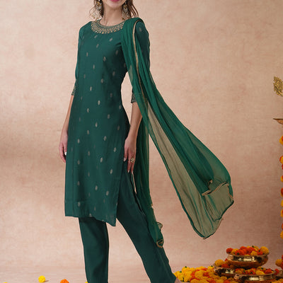 Solid Ethnic Embroidered Straight Fit Kurta with Pant & Dupatta - Green