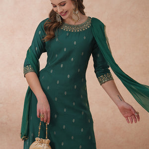 Solid Ethnic Embroidered Straight Fit Kurta with Pant & Dupatta - Green