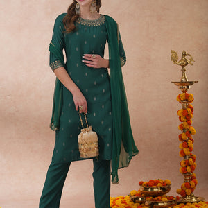 Solid Ethnic Embroidered Straight Fit Kurta with Pant & Dupatta - Green