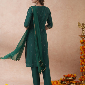 Solid Ethnic Embroidered Straight Fit Kurta with Pant & Dupatta - Green