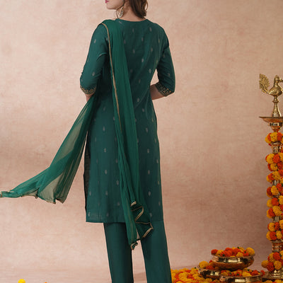 Solid Ethnic Embroidered Straight Fit Kurta with Pant & Dupatta - Green