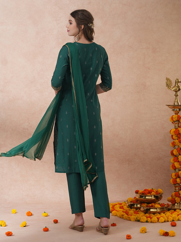 Solid Ethnic Embroidered Straight Fit Kurta with Pant & Dupatta - Green