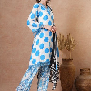 Abstract Polka Dot Printed A-Line Kurta with Pant & Dupatta - Blue