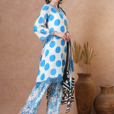 Abstract Polka Dot Printed A-Line Kurta with Pant & Dupatta - Blue