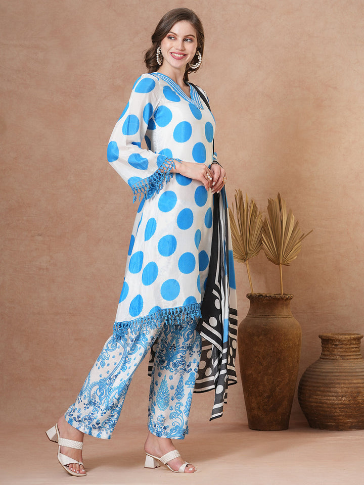 Abstract Polka Dot Printed A-Line Kurta with Pant & Dupatta - Blue