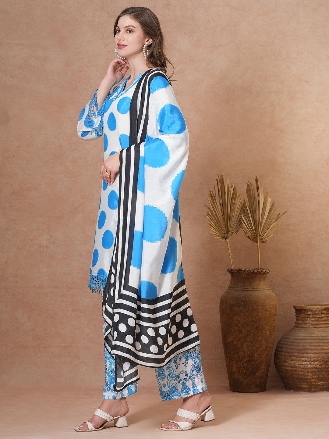 Abstract Polka Dot Printed A-Line Kurta with Pant & Dupatta - Blue