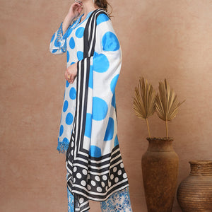 Abstract Polka Dot Printed A-Line Kurta with Pant & Dupatta - Blue