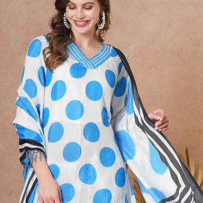 Abstract Polka Dot Printed A-Line Kurta with Pant & Dupatta - Blue