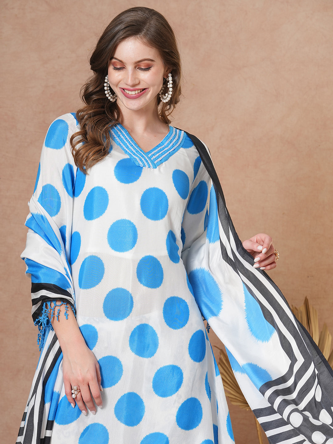 Abstract Polka Dot Printed A-Line Kurta with Pant & Dupatta - Blue