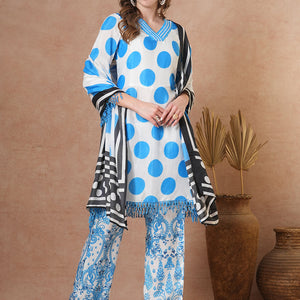 Abstract Polka Dot Printed A-Line Kurta with Pant & Dupatta - Blue