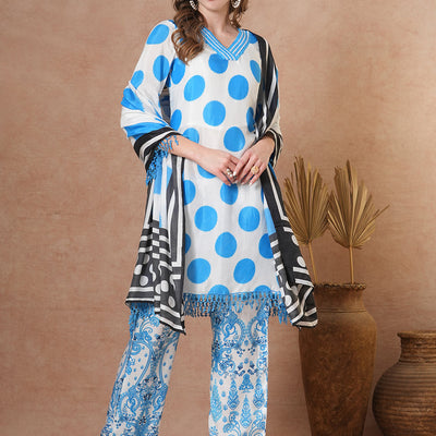 Abstract Polka Dot Printed A-Line Kurta with Pant & Dupatta - Blue