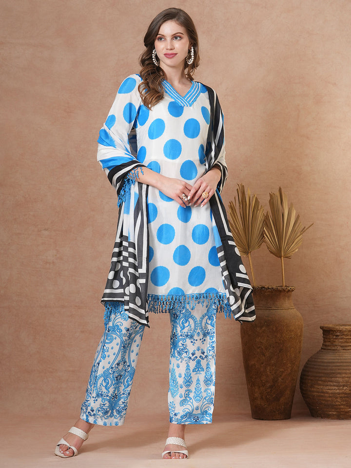 Abstract Polka Dot Printed A-Line Kurta with Pant & Dupatta - Blue