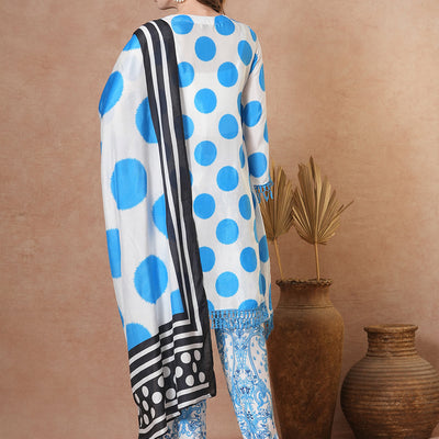 Abstract Polka Dot Printed A-Line Kurta with Pant & Dupatta - Blue