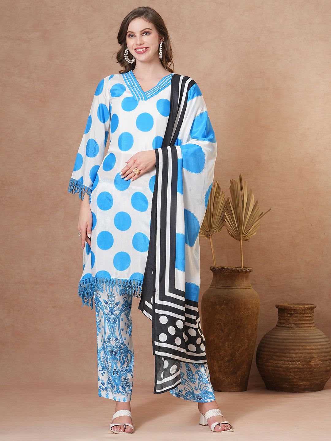 Abstract Polka Dot Printed A-Line Kurta with Pant & Dupatta - Blue