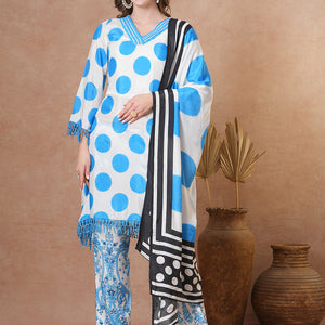 Abstract Polka Dot Printed A-Line Kurta with Pant & Dupatta - Blue