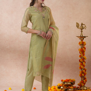 Floral Hand Embroidered Straight Tissue Kurta with Pant and Dupatta - Mint Green