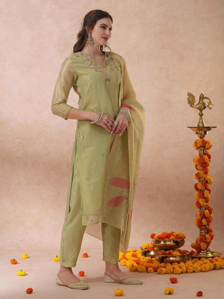 Floral Hand Embroidered Straight Tissue Kurta with Pant and Dupatta - Mint Green