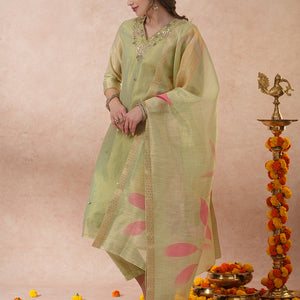 Floral Hand Embroidered Straight Tissue Kurta with Pant and Dupatta - Mint Green