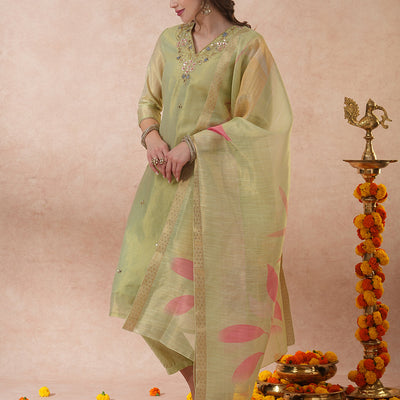 Floral Hand Embroidered Straight Tissue Kurta with Pant and Dupatta - Mint Green