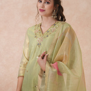 Floral Hand Embroidered Straight Tissue Kurta with Pant and Dupatta - Mint Green