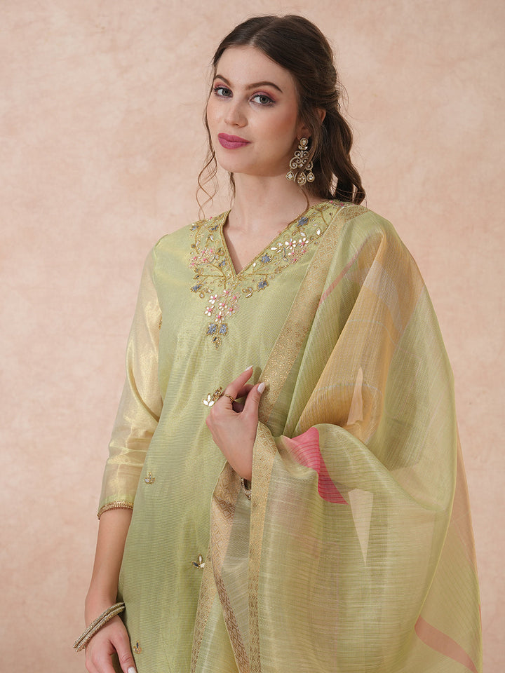 Floral Hand Embroidered Straight Tissue Kurta with Pant and Dupatta - Mint Green