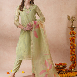 Floral Hand Embroidered Straight Tissue Kurta with Pant and Dupatta - Mint Green