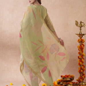 Floral Hand Embroidered Straight Tissue Kurta with Pant and Dupatta - Mint Green