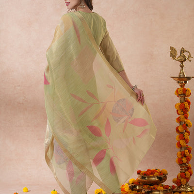 Floral Hand Embroidered Straight Tissue Kurta with Pant and Dupatta - Mint Green